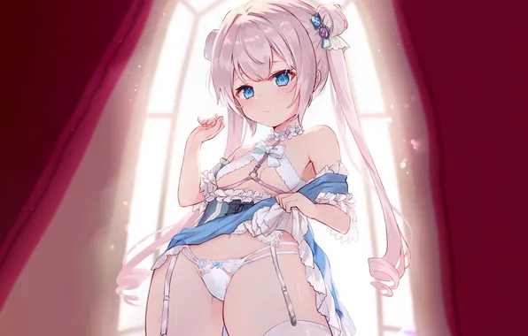 Girl, sexy, lingerie, pantsu, cleavage, panties, thighhighs, pink hair