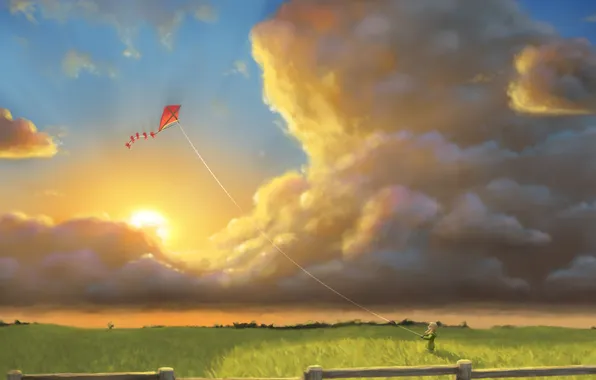 Картинка поле, небо, трава, солнце, облака, воздушный змей, девочка