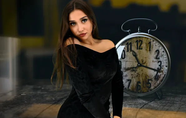 Sexy girl, brunette, beautiful girl, time, pose, clock, hour