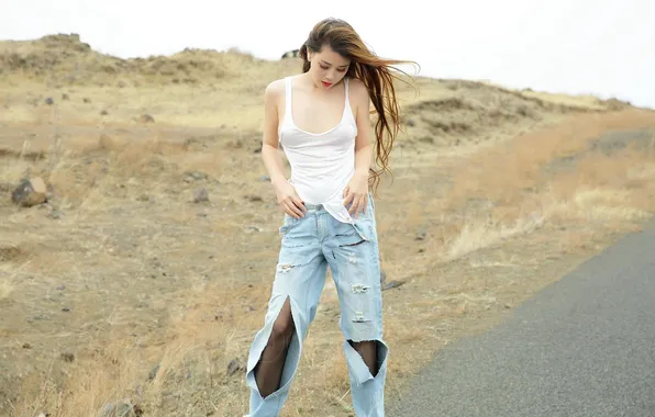 Картинка girl, sexy, beautiful, model, jeans, asian, cute, T-shirt