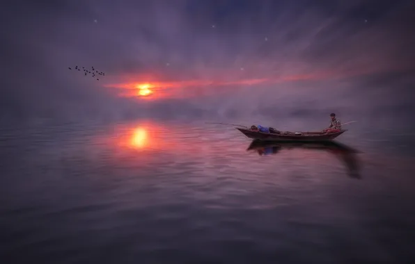 Картинка ночь, туман, лодка, рыбалка