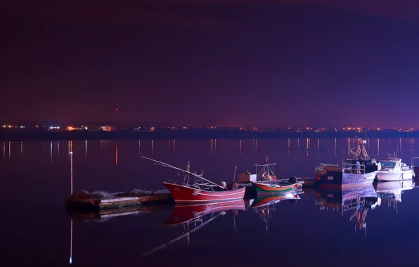 Картинка отражения, ночь, река, лодки, вечер, Португалия
