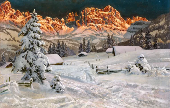 Дома, Зима, Горы, Деревья, Снег, Картина, Alois Arnegger, Алоис Арнеггер