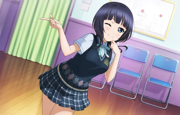 Girl, school uniform, anime, blue eyes, beautiful, short hair, pretty, attractive