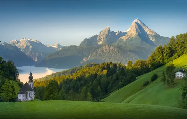 Лес, горы, озеро, дом, Германия, склон, Бавария, церковь
