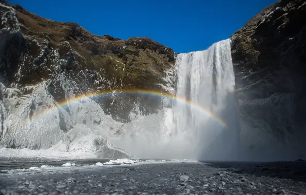 Картинка Природа, Водопад, Скалы, Радуга, Rainbow, Nature, Исландия, Waterfall