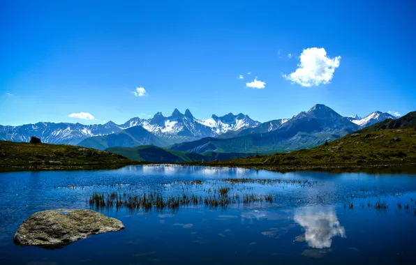 Grass, sky, sea, nature, blue, water, clouds, mountain
