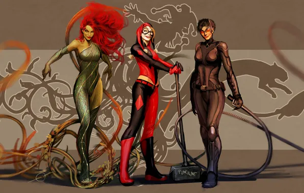 Картинка art, dc comics, Catwoman, Selina Kyle, Harley Quinn, Poison Ivy, nebezial, Dr. Pamela Lillian Isley