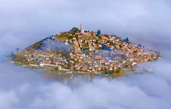 Картинка город, туман, дома, Мексика, озеро Пацкуаро, остров Ханицио