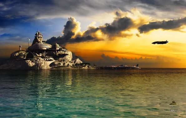 Sky, sea, clouds, island, base, pacifica station