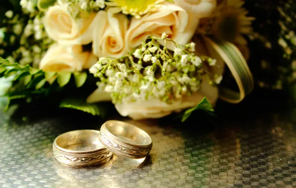 Букет, кольца, свадьба