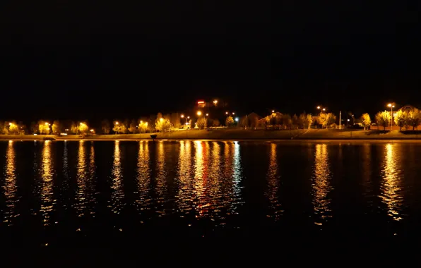 Картинка вода, свет, ночь, огни, озеро, берег, фонари