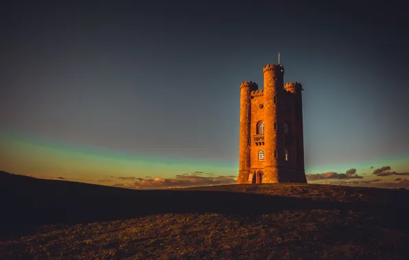 Картинка закат, Англия, башня, England, Broadway Tower, Middle Hill