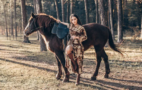 Картинка девушка, деревья, поза, конь, лошадь, Мария, Антон Харисов