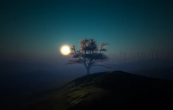 Картинка свет, ночь, дерево, луна, минимализм, холм