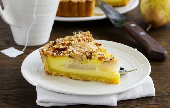Груши, десерт, выпечка, кусок, грушевый пирог