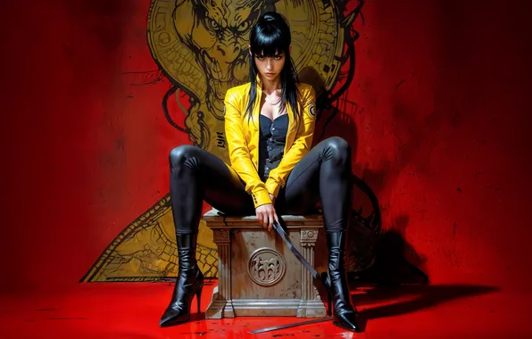 Girl, Dragon, Katana, Red Background, Warrior Throne