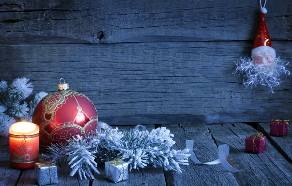 Картинка снег, украшения, елка, свечи, Новый Год, Рождество, подарки, Christmas