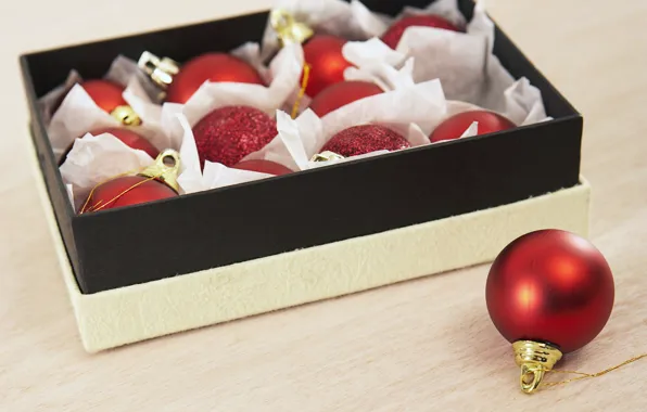 Красный, праздник, коробка, новый год, new year, holiday, елочные шары