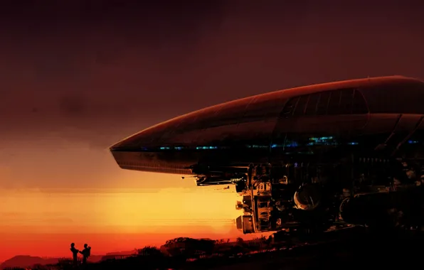 People, planet, structure at sunset