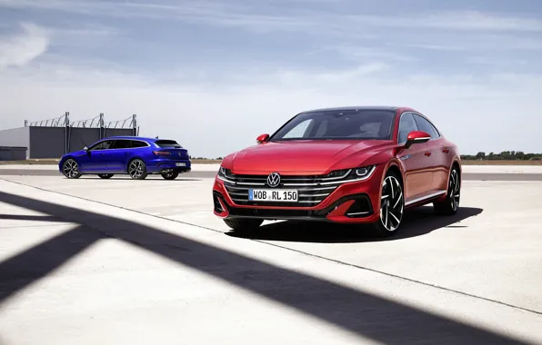Небо, машины, Volkswagen, красная машина, синяя машина, R-Line, Volkswagen Arteon, Volkswagen Arteon Shooting Brake R-Line