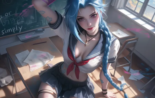 Anime, bench, laying, class, schoolgirl