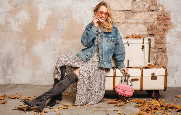 Woman, jeans, blonde, stylish, attractive, oversize