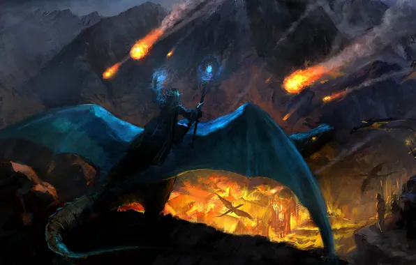 Картинка пожар, скалы, огонь, драконы, армия, арт, нападение, поселение