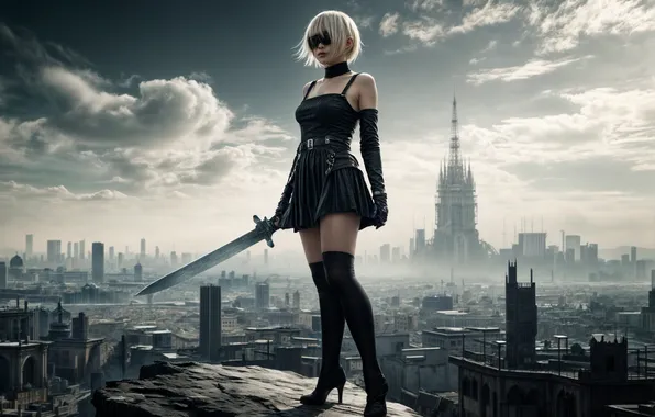 Девушка, город, меч, YoRHa No.2 Type B, изображение сгенерировано ИИ