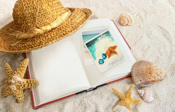 Песок, пляж, стиль, отдых, берег, шляпа, книга, фотографии
