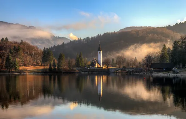 Картинка зима, облака, пейзаж, мост, природа, туман, озеро, отражение
