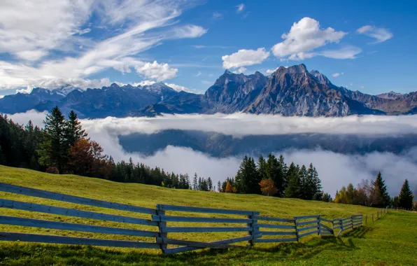 Облака, горы, забор, Швейцария, Альпы, луг, Switzerland, Alps