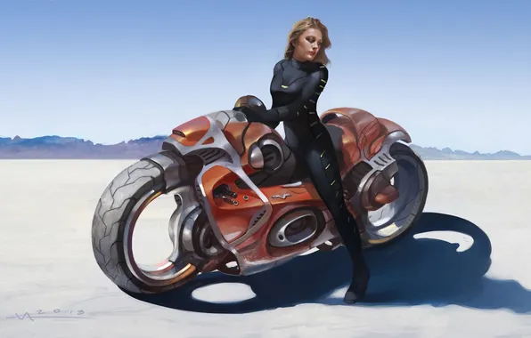 Картинка девушка, пустыня, арт, мотоцикл, солнечно