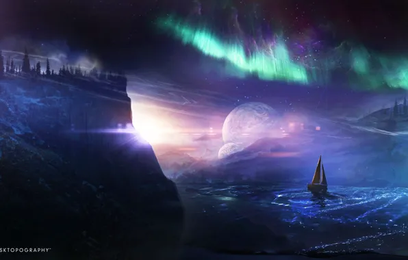Вода, корабль, планета, свечение, северное сияние, desktopography, dreamworld