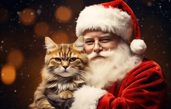 Кошка, кот, котенок, доброта, портрет, Рождество, Новый год, Санта Клаус