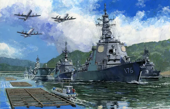 Картинка япония, эсминец, вертолетоносец, эскортная флотилия, JMSDF Escort Flotilla 4