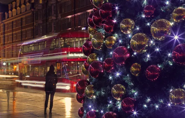 Картинка огни, праздник, улица, Англия, Лондон, Рождество, автобус