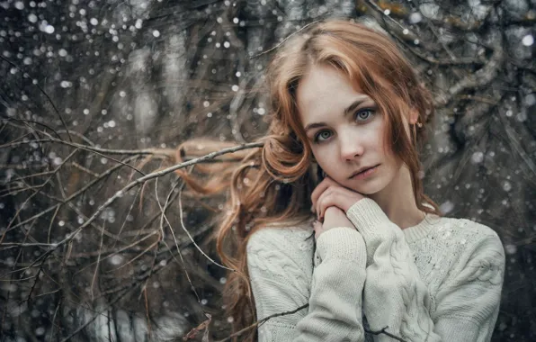 Зима, белый, девушка, снег, деревья, снежинки, ветки, фото