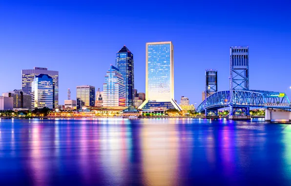 Небо, мост, река, дома, Флорида, США, Jacksonville