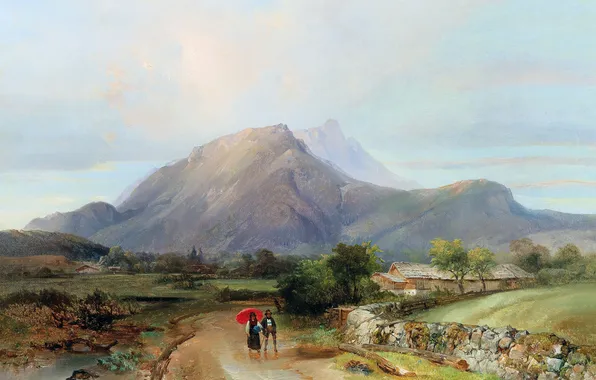 Дорога, Горы, Люди, Картина, Австрийский художник-пейзажист, Антон Ханш, Anton Hansch, Пейзаж с пешеходами