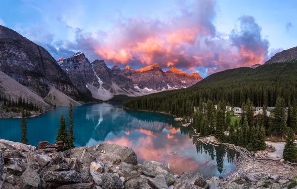 Картинка лес, закат, горы, озеро, Канада