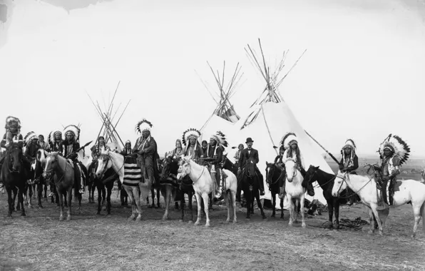 Ретро, фото, перья, лошади, черно белое, Индейцы, вигвам, старинный