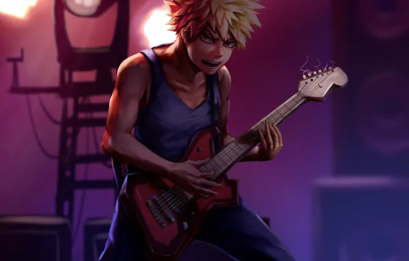 Гитара, парень, музыкант, My Hero Academia, Boku No Hero Academia, Моя Геройская Академия, Бакуго Катсуки