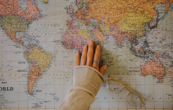 Путешествия, мир, world, рука, карта, очки, travel