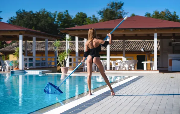 Ass, trees, nature, model, women, redhead, brunette, swimming pool