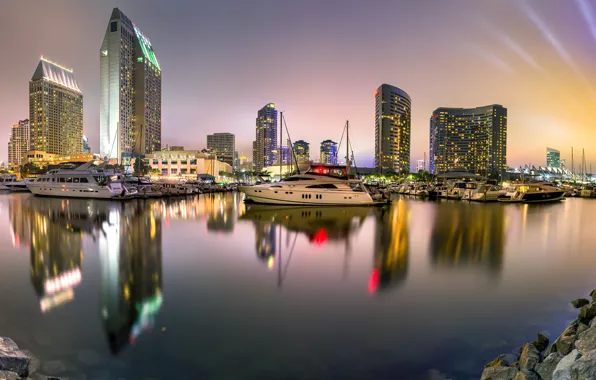 Яхты, небоскребы, причал, Калифорния, USA, США, California, San Diego