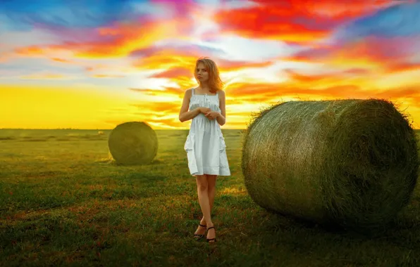 Картинка небо, трава, девушка, свет, платье, сено, Andrey Metelkov, Андрей Метельков