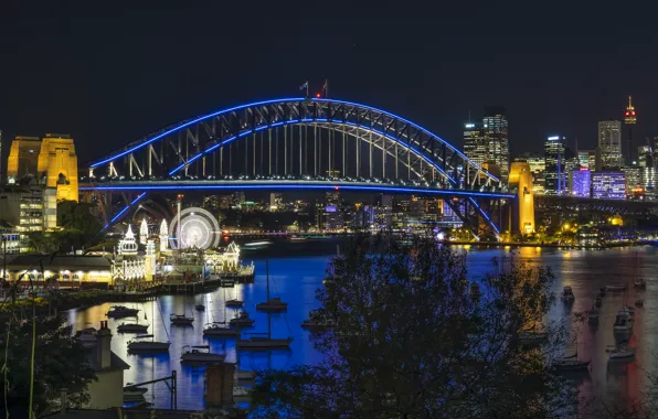 Ночь, мост, огни, река, Австралия, Сидней, набережная