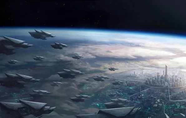 Картинка город, планета, корабли, атмосфера, арт, Phoenix War