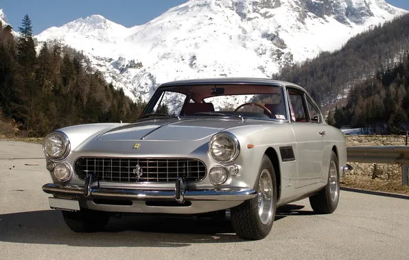 Картинка дорога, лес, снег, горы, серебристый, Феррари, 1960, Ferrari